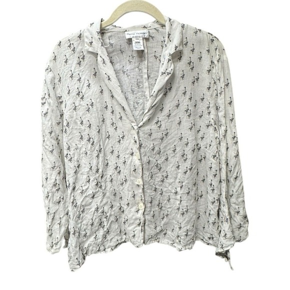 Linen Size 14 W Button Down V Neck Collared Blouse White w/Ladies On Bikes - Picture 1 of 6